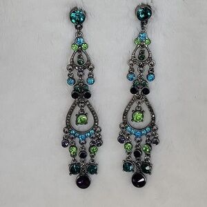 Dangly Blue, Green, Turquoise, Purple Post Back Earrings 4.25" Long